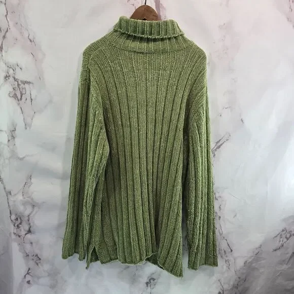 Vintage Y2K Sweater Women 3X Green Chenille Cable Knit Turtleneck Oversized - Picture 5 of 14